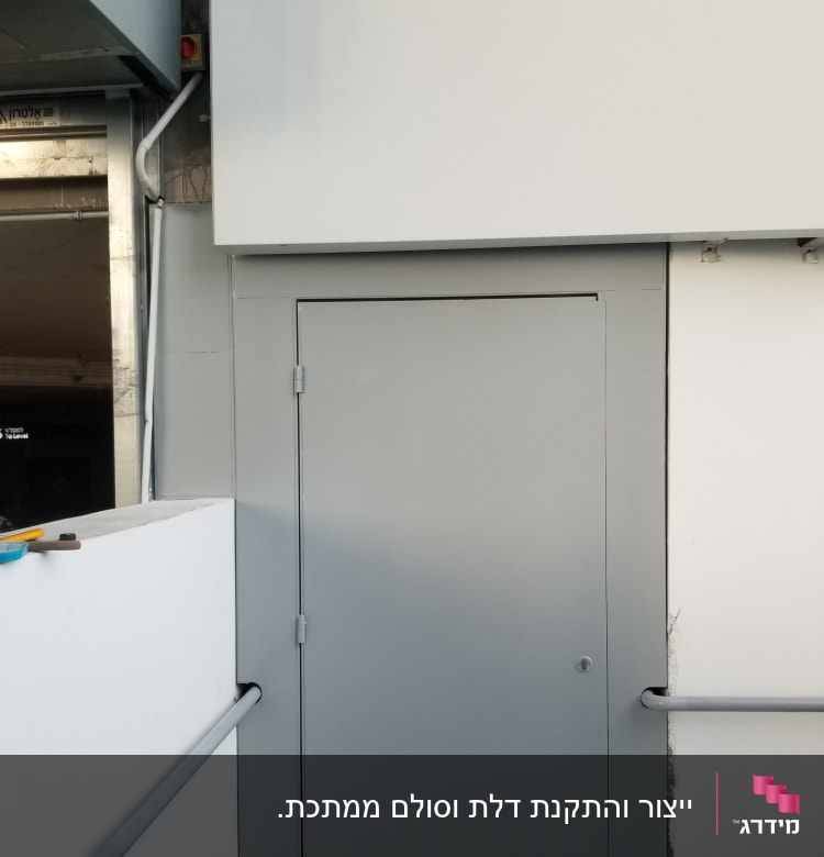 דלת מתכת אפורה עם מסגרת קיר לבנה
